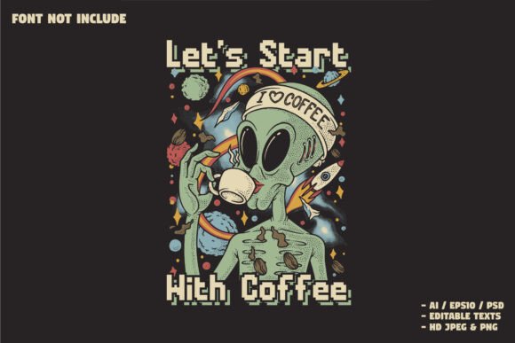 Alien Drinking Coffee Retro Illustration