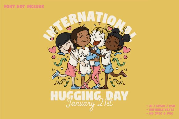 Cartoon Happy Multicultural Kids Hugging