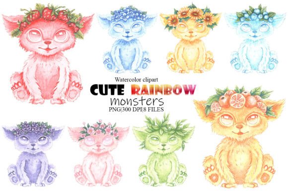 Charming Watercolor Cute Rainbow Monsters Clipart for Creative Projects